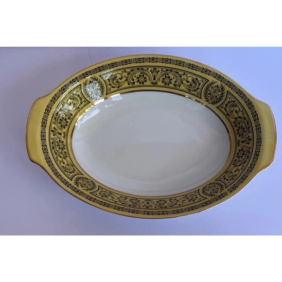 VINTAGE GOLDEN DAMASK BONE CHINA SERVING BOWL 10.5” By 7.5” - Picture 5 of 16